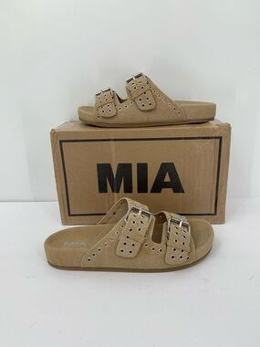 MIA Brooklyn double strap slide sandals shoe sand tan silver grommet new 6.5